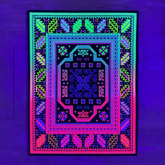 A glowing multicolored geometric patterned rug with a bold border.
