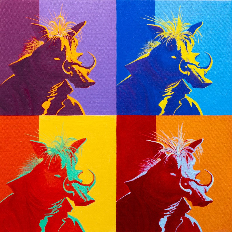 A collection of four abstract pop art prints of a warthog, each in different colors on a 12x12 inch canvas, arranged in a 2x2 grid.