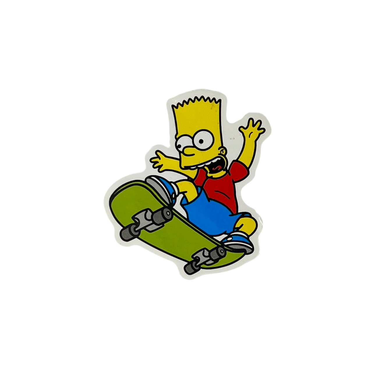 Sticker of Cartoon character on a skateboard with a white background.