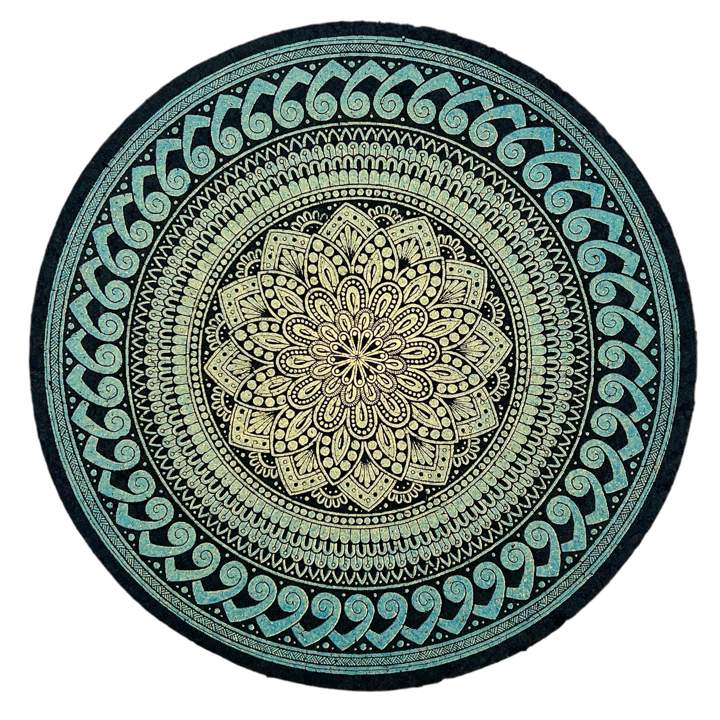 Round mandala mat with green and black design on a white background