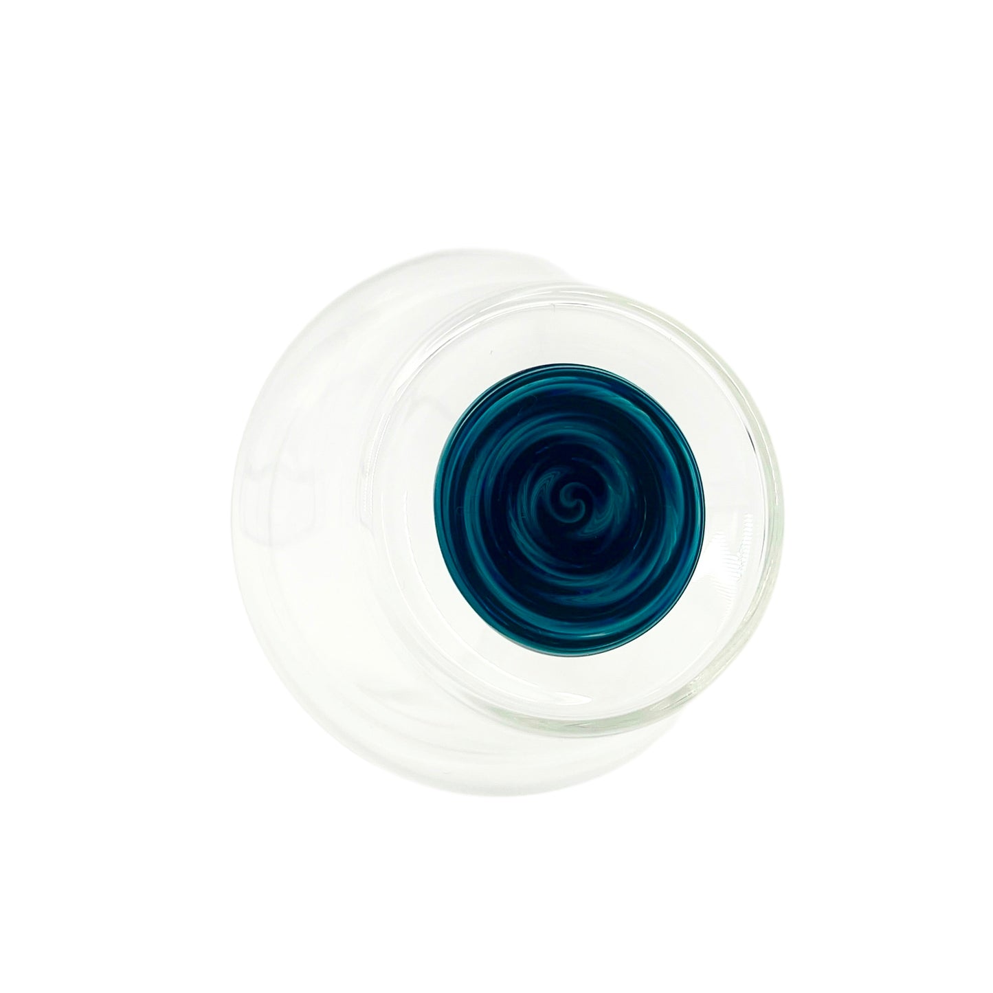 Clear handblown glass cup with a blue wig wag design on the base