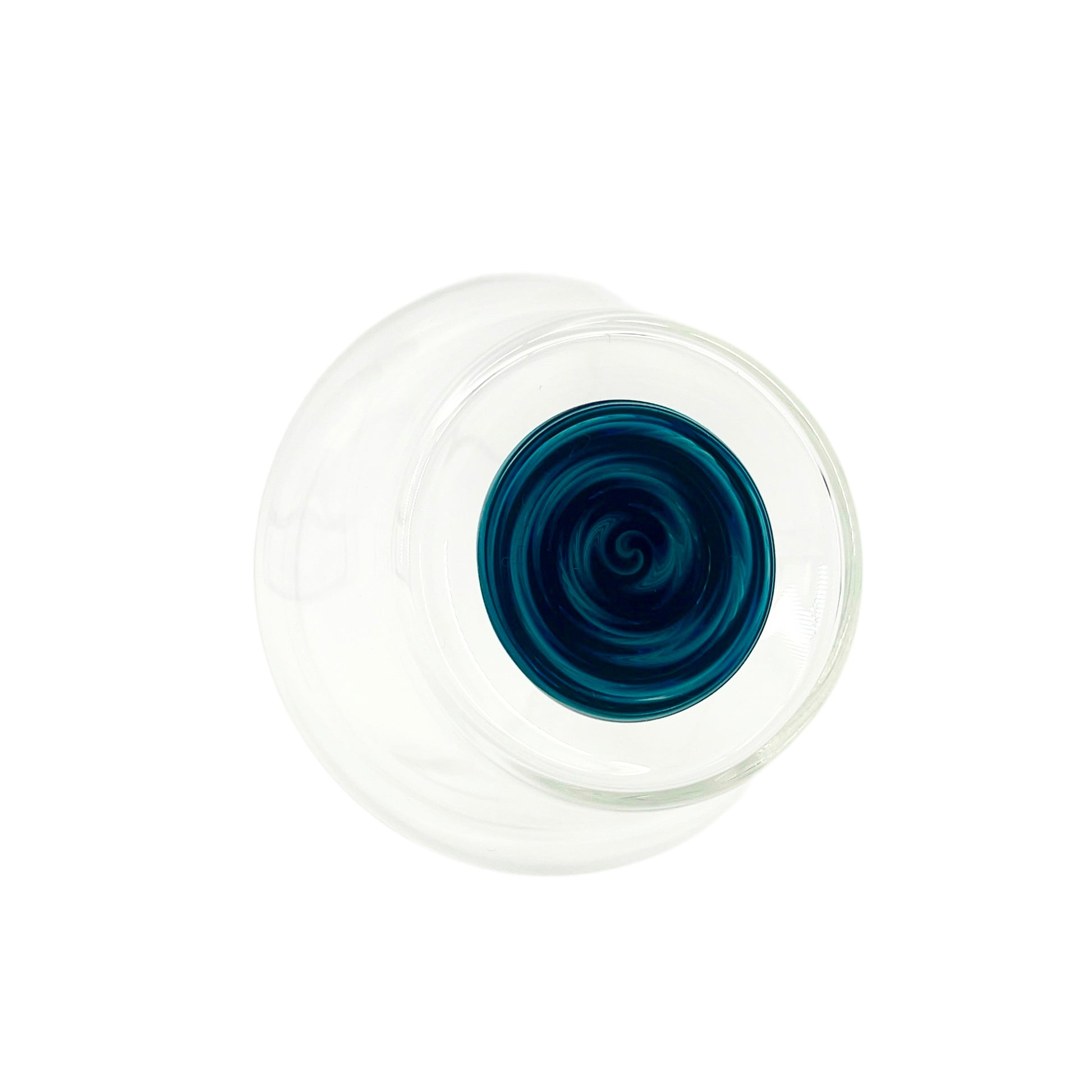 Clear handblown glass cup with a blue wig wag design on the base