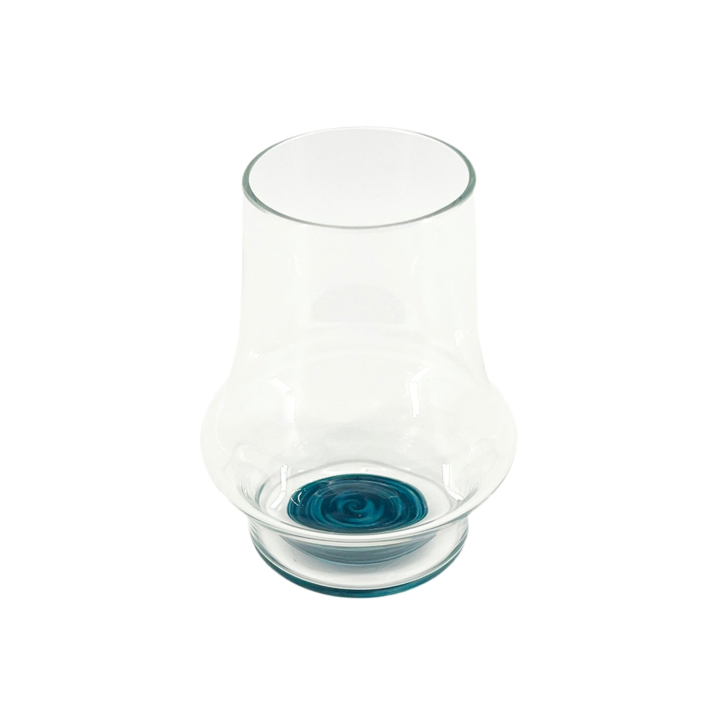 Clear handblown glass cup with a blue wig wag design on the base