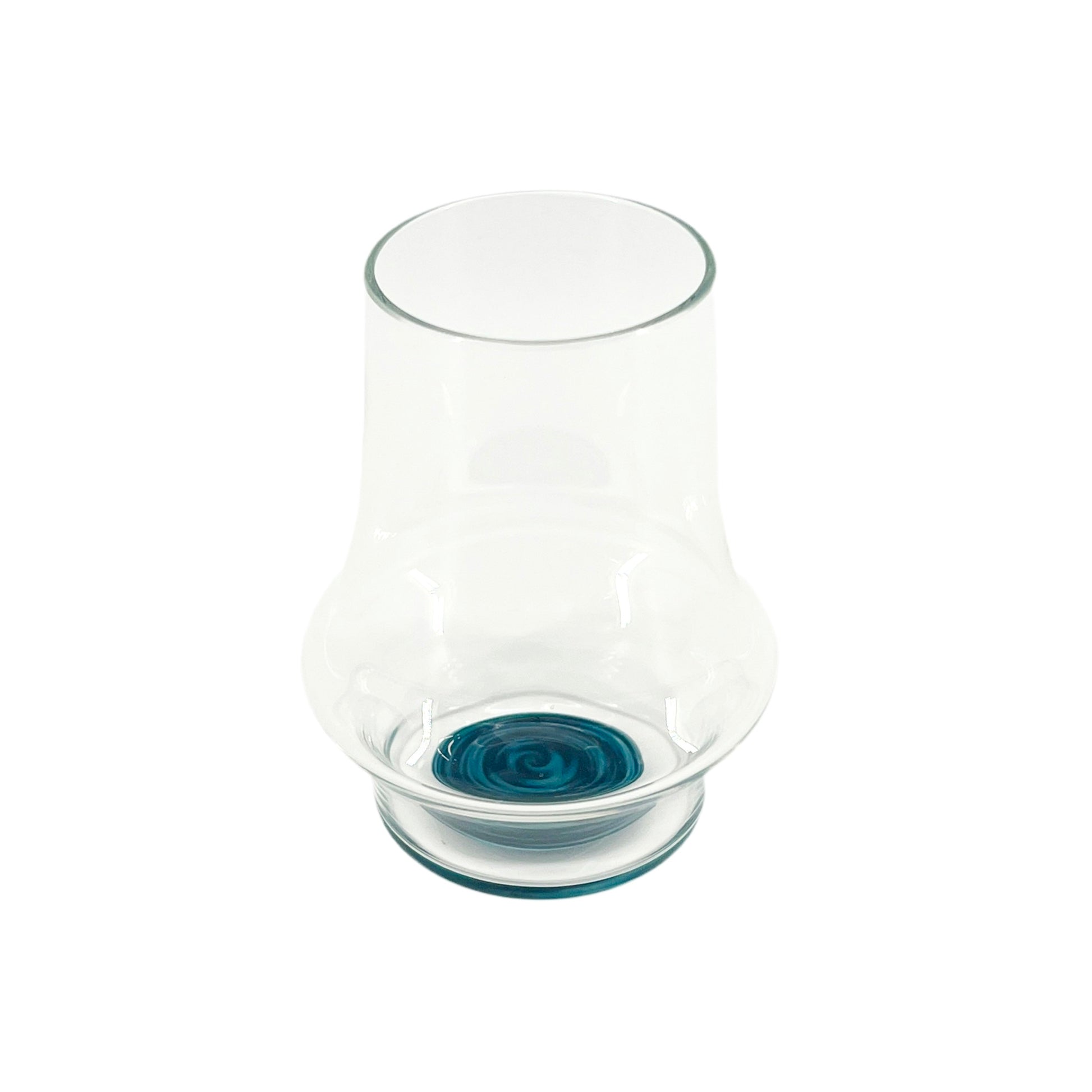 Clear handblown glass cup with a blue wig wag design on the base