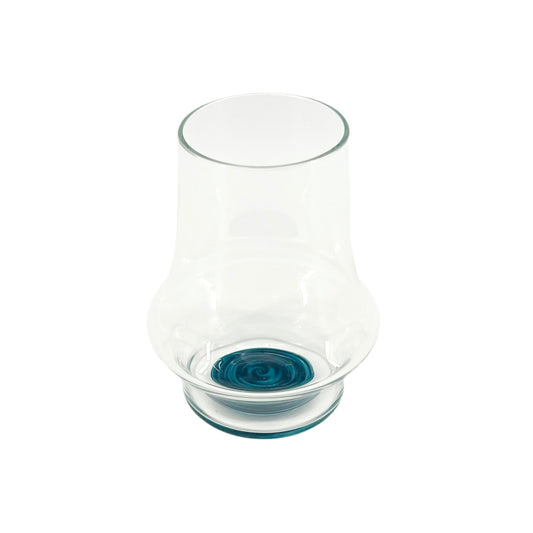 Clear handblown glass cup with a blue wig wag design on the base