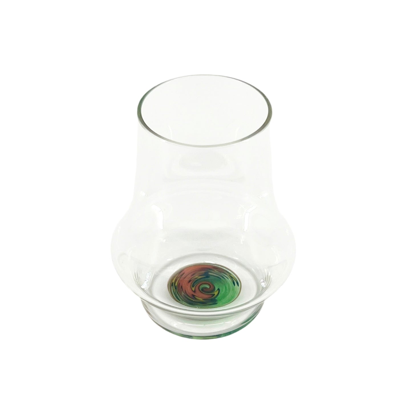 Clear handblown glass cup with an orange & green wig wag design on the base