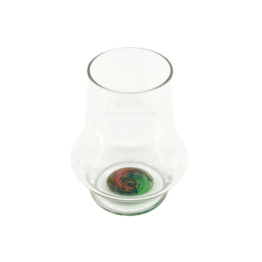 Clear handblown glass cup with an orange & green wig wag design on the base
