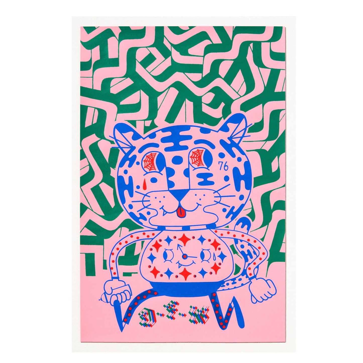 Colorful illustration of a stylized cat with abstract patterns on a pink background.