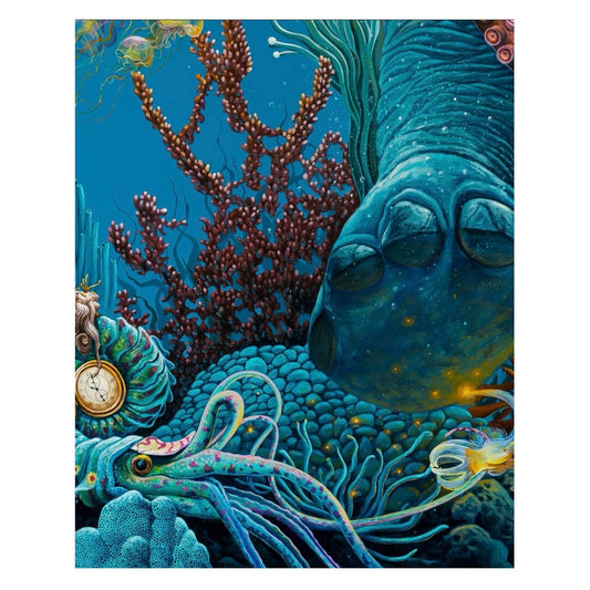 A close up of an artistic print depicting a colorful underwater scene with a central elephant figure surrounded by fish and coral.