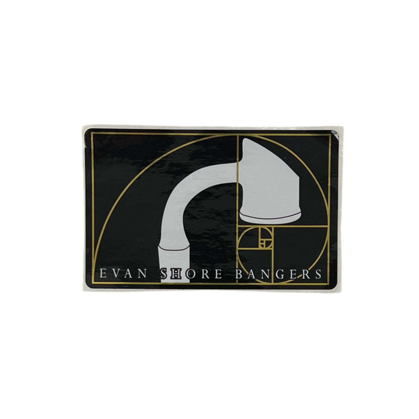 Rectangular sticker with a design and 'Evan Shore Bangers' text on a black background.