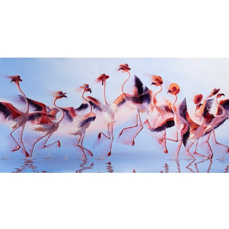 A vibrant print of dancing flamingos, titled 'Flamenco Dancers' by Stephen Wheeler Studio. The image shows flamingos in mid-motion, reflecting in a still water surface, with a soft blue background.