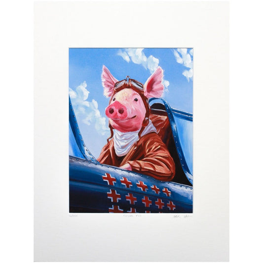A whimsical artwork of a pig dressed as a World War 2 fighter pilot, seated in a aircraft with a blue sky background.