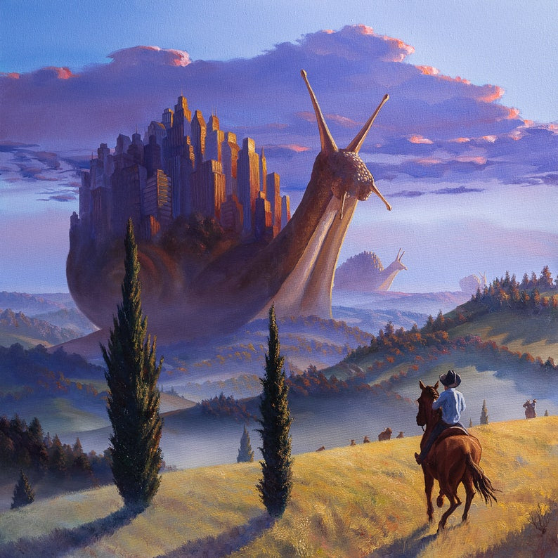 A fantastical artwork featuring a large snail with a city on its back, traveling through a scenic landscape with rolling hills and a setting sun.