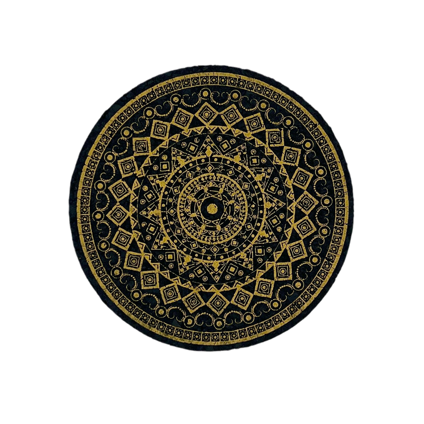 Round black and gold mandala mat on a white background
