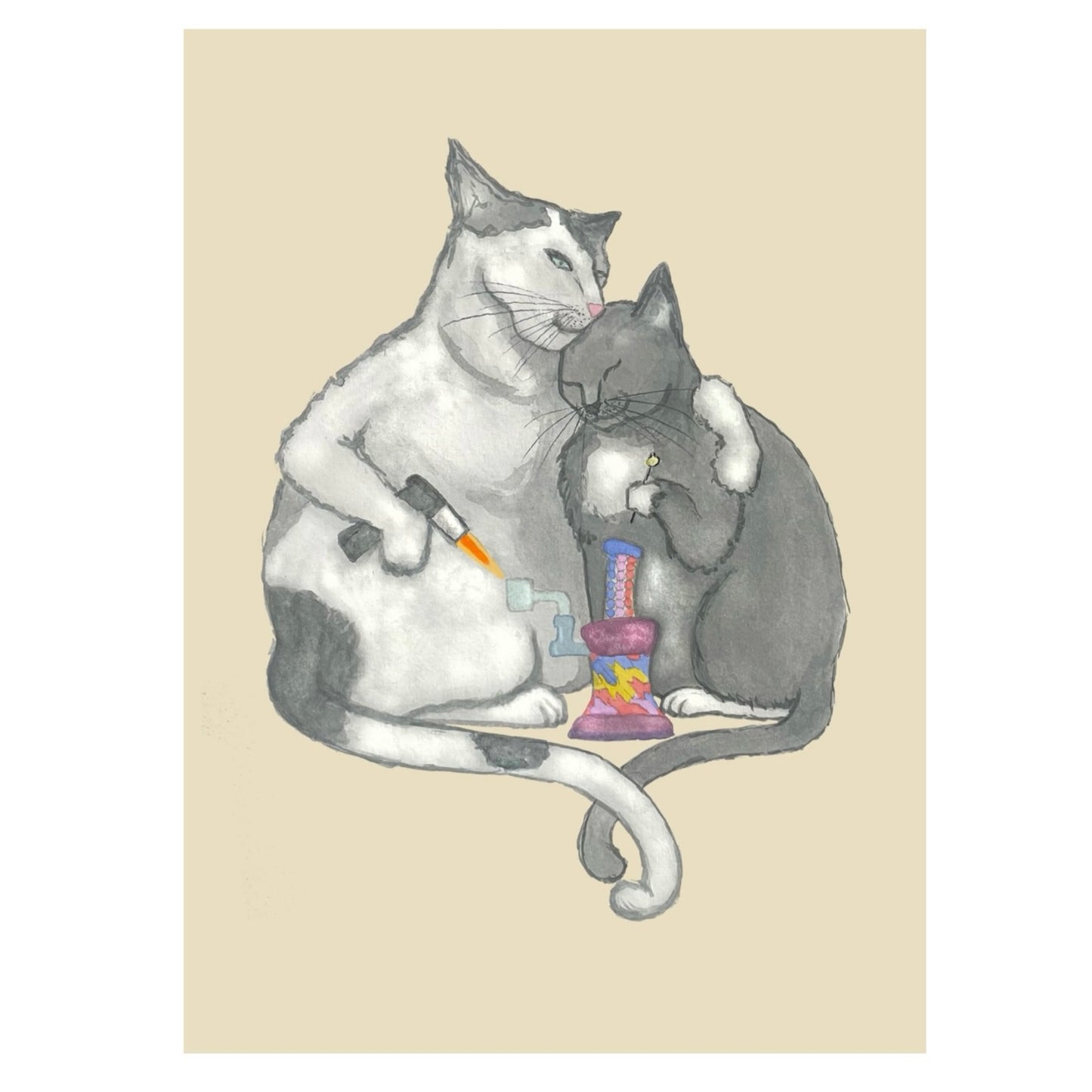 A 5" x 7" artwork print titled 'Hash Cats' by Slinger Apparel featuring original art of two cats with a small glass water pipe.