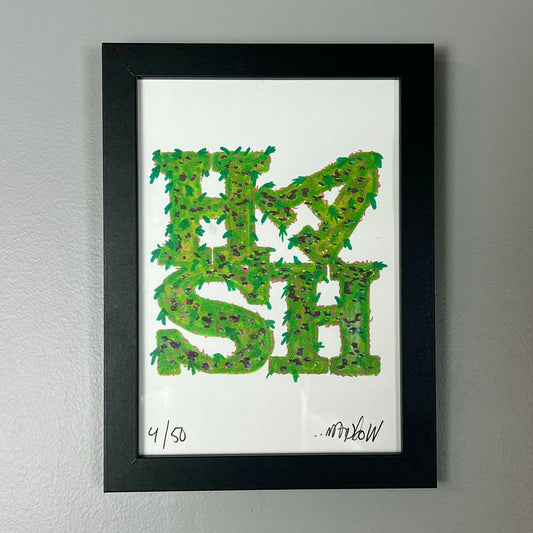 A limited edition print titled 'Hash Flowers' by Wookerson Studios, featuring a green floral pattern forming the word 'HASH'.