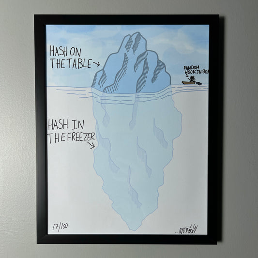 A cartoon print depicting an iceberg with the text 'HASH ON THE TABLE' and 'HASH IN THE FREEZER' on it, indicating a playful contrast between the two phrases.