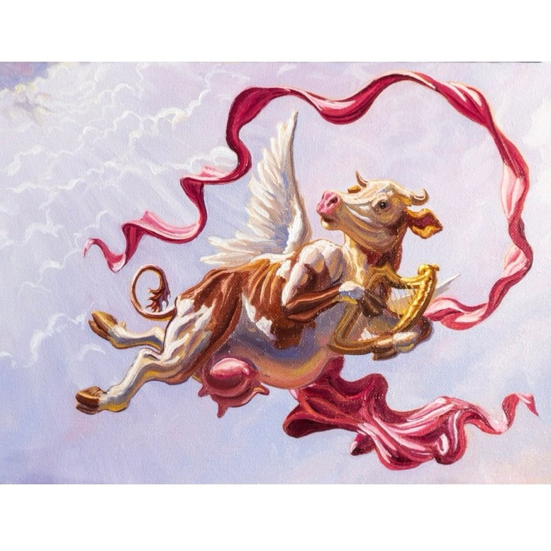 A print of a majestic angelic cow with wings, clouds in the background, and a red ribbon swirling around.