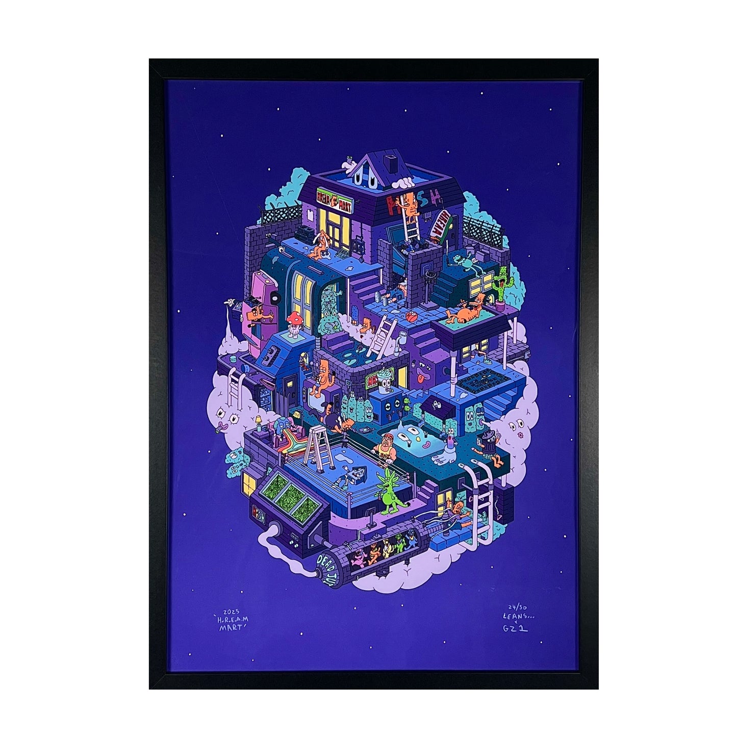 Framed illustration of a futuristic cityscape with various buildings and activities on a blue background.
