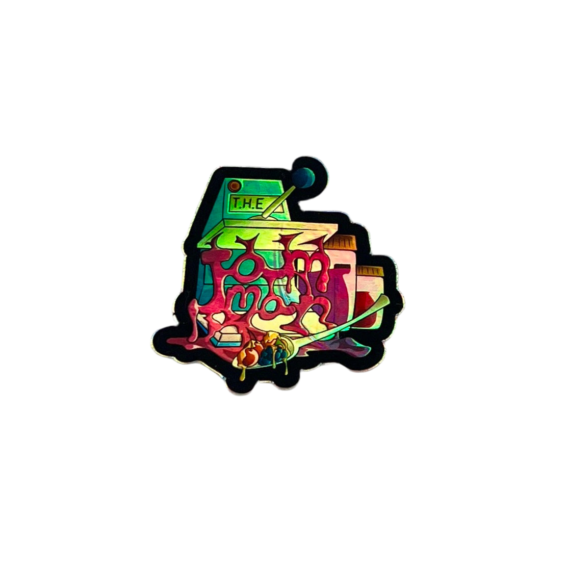 Colorful sticker with text on a white background.