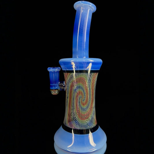A multicolored glass water pipe with a spiral pattern in the center, featuring a 4-hole circle perc and a blue mouthpiece.