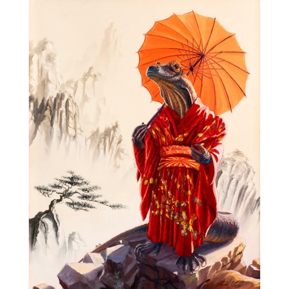 A humorous painting of a Komodo Dragon wearing a red kimono and holding an orange umbrella, with a mountainous landscape in the background.