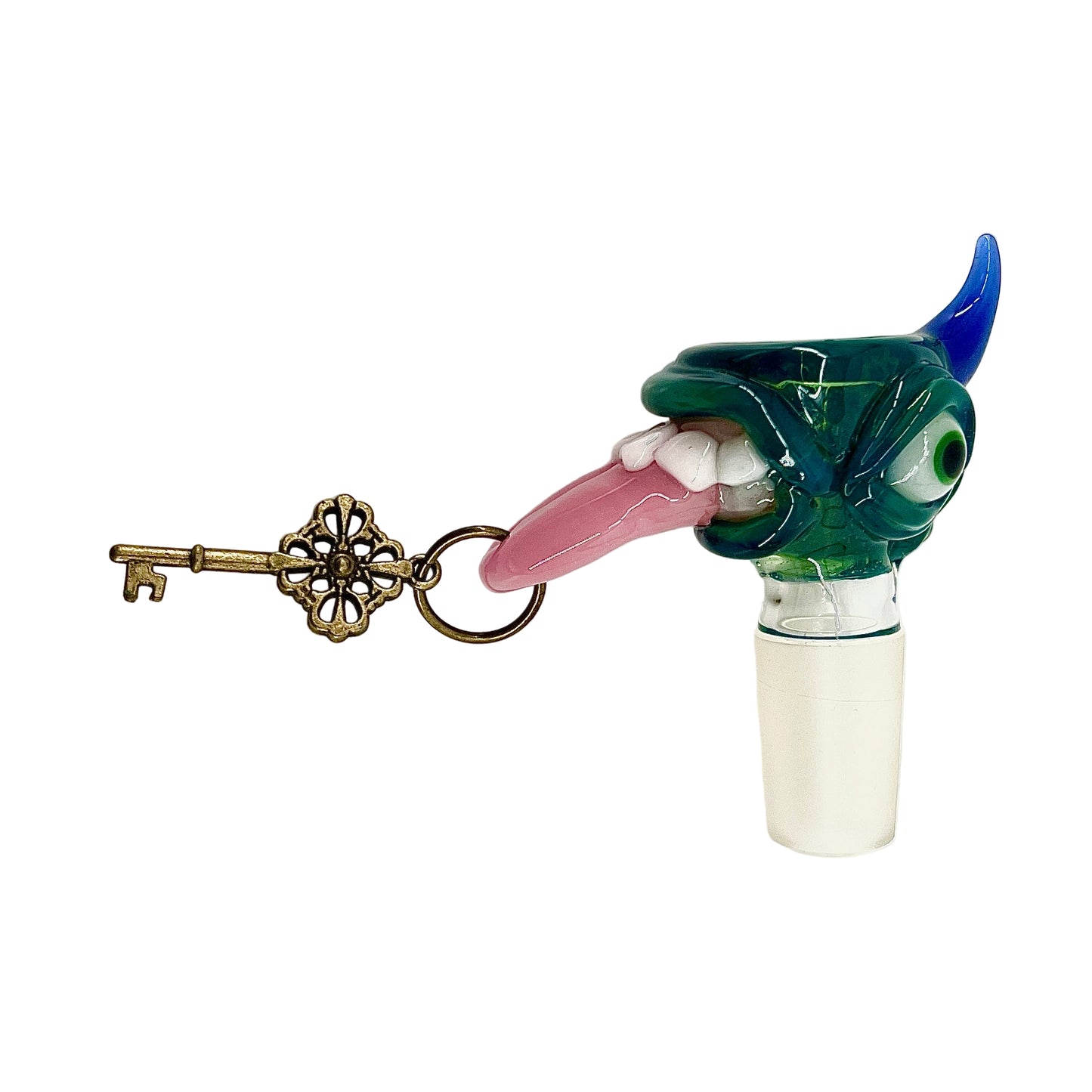 Glass pipe with triclops design and pink tongue on a white background