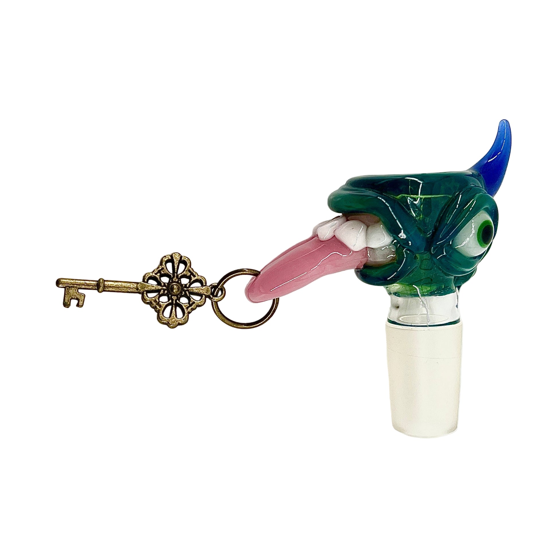 Glass pipe with triclops design and pink tongue on a white background