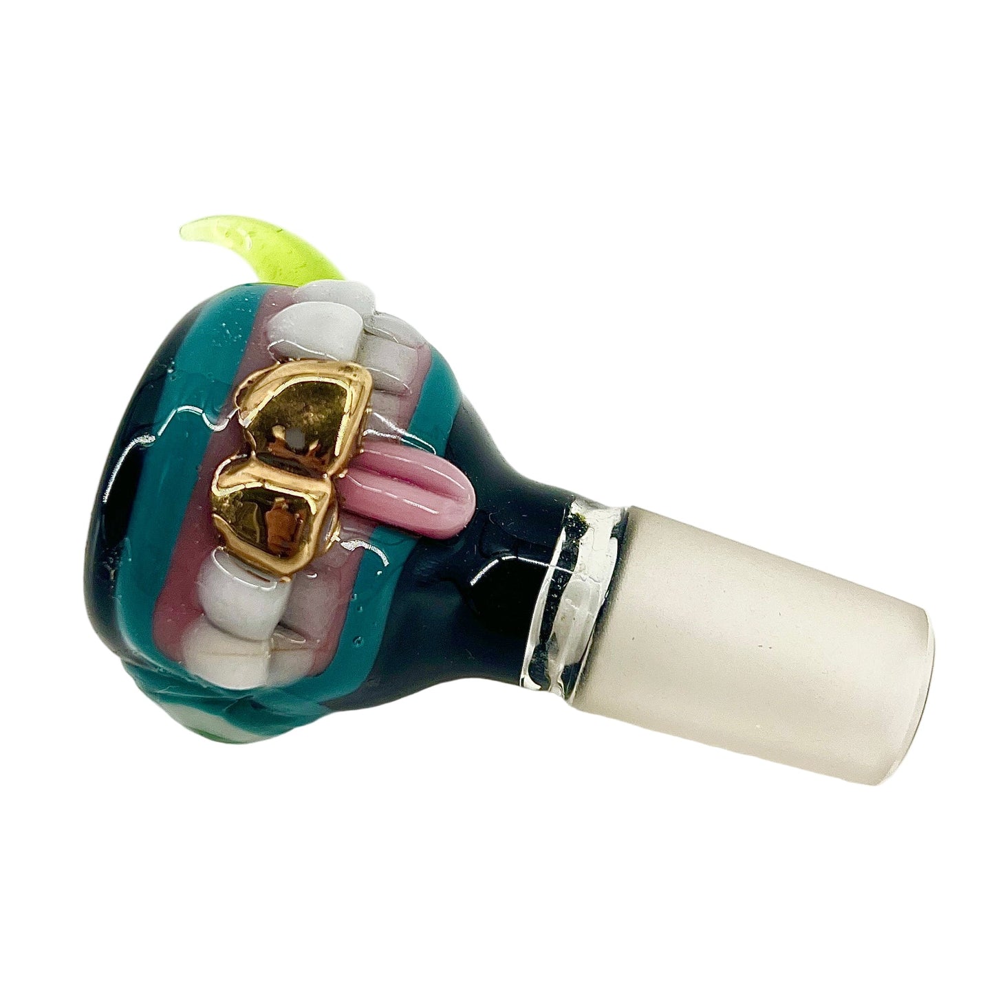 Glass slide with colorful design on a white background.