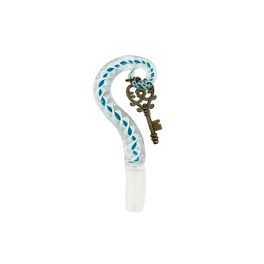 Decorative glass stopper with braided blue and white design on a white background