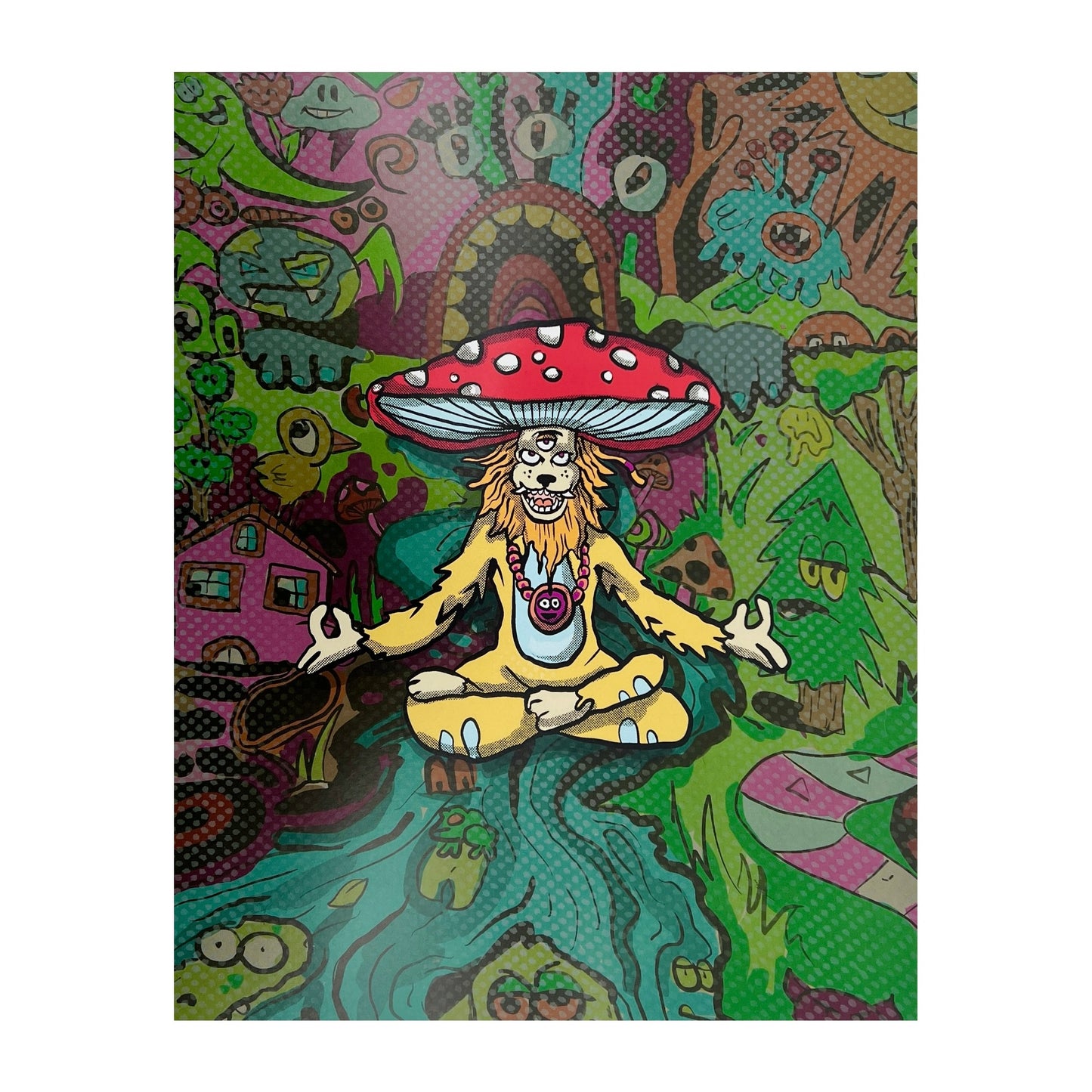 A colorful print featuring a character resembling a lion with a large mane, sitting in a meditation pose, with a prominent red and white mushroom above him. The background is filled with various colors and designs.