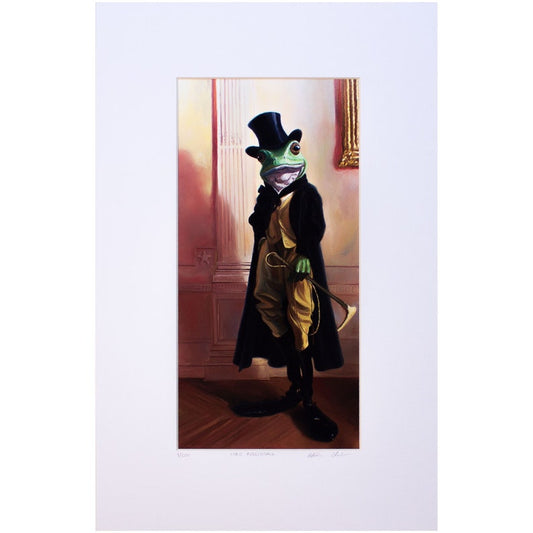 A whimsical portrait of a frog dressed in a tuxedo with a top hat, standing in a room with classic decor.