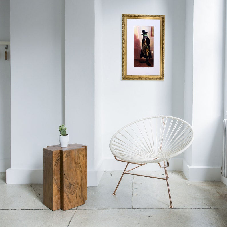 A whimsical portrait of a frog dressed in a tuxedo with a top hat, standing in a room with classic decor.