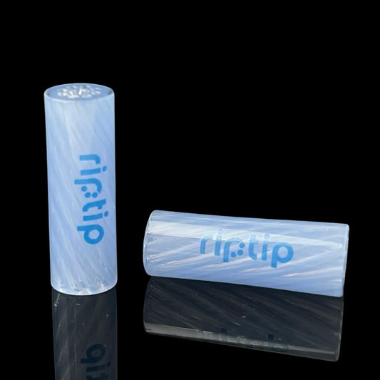 Two blue glass tips with 'ripTip' written on them, against a black background.
