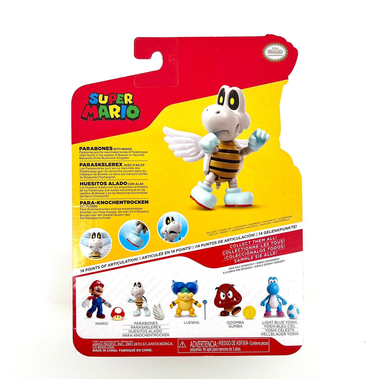 A four-inch action figure of Parabones from the Super Mario video games, featuring fourteen points of articulation and including wings accessory.