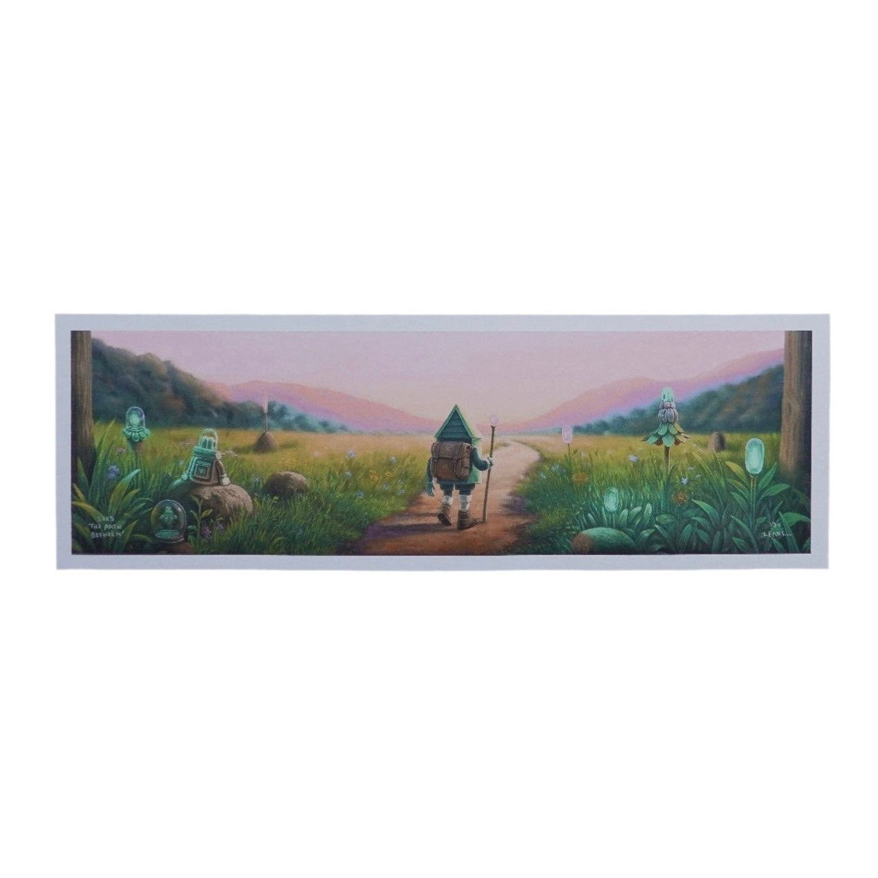Framed artwork of a character walking through a scenic landscape with mountains and a rainbow.