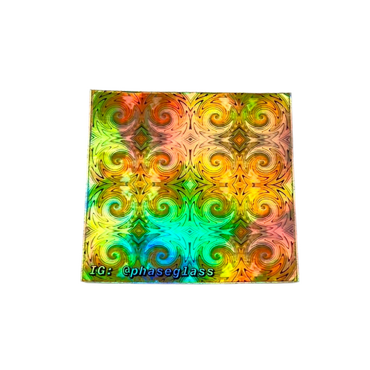 Colorful sticker with swirling pattern and 'IG: @phaseglass' text on a white background,