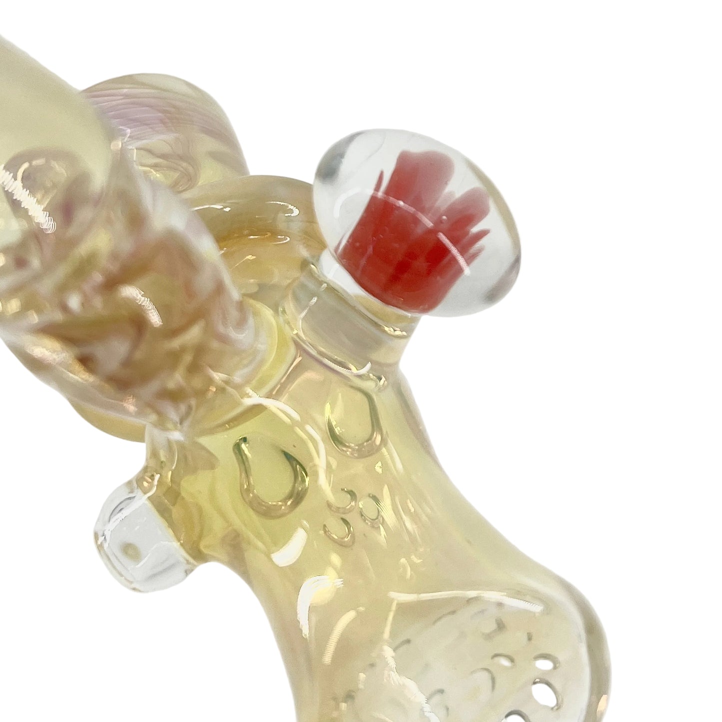 Glass smoking accessory with red accent on a white background.