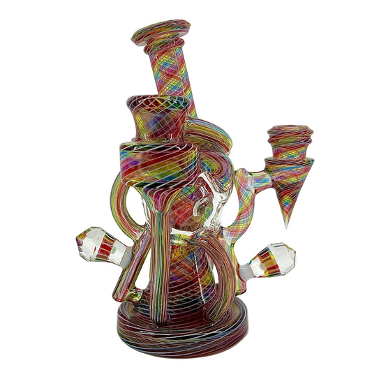 Multicolored glass smoking device on a white background.