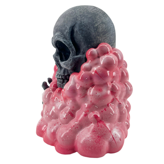 Skull with pink gelatinous creature on a white background.