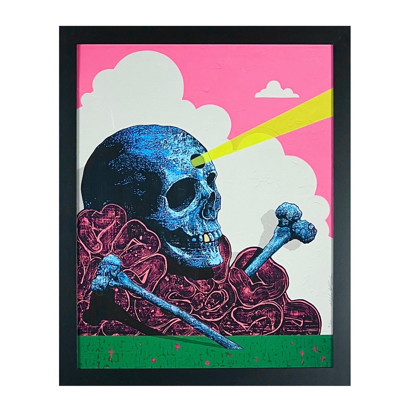 Framed artwork with a blue skull, bones, and pink background