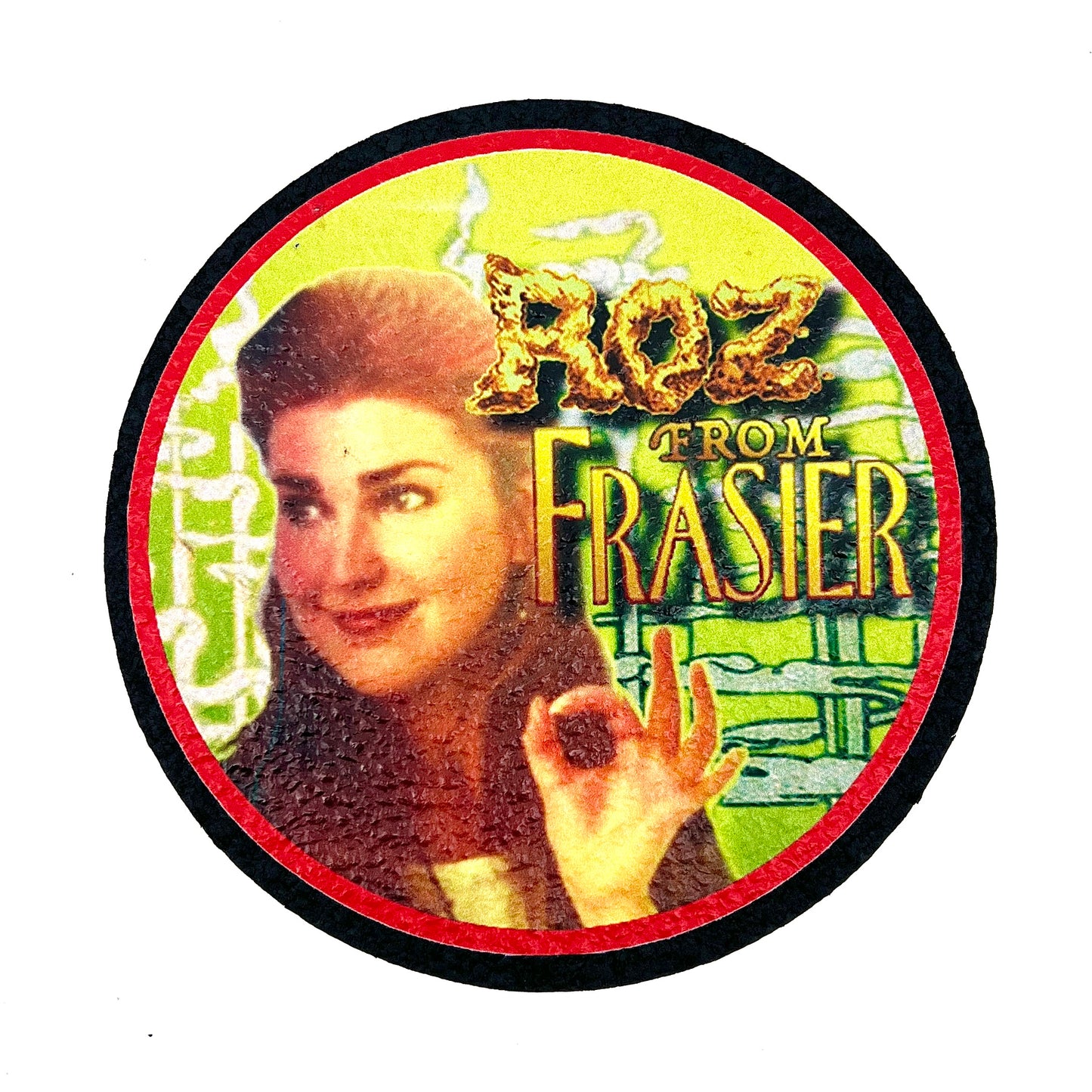 Circular mat with a woman's face and 'Roz from Frasier' text on a yellow background.