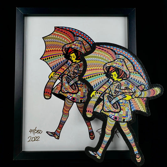 A colorful, geometric artwork print depicting two figures under umbrellas, with intricate patterns and the signature 'Pyroscopic 2022' at the bottom.