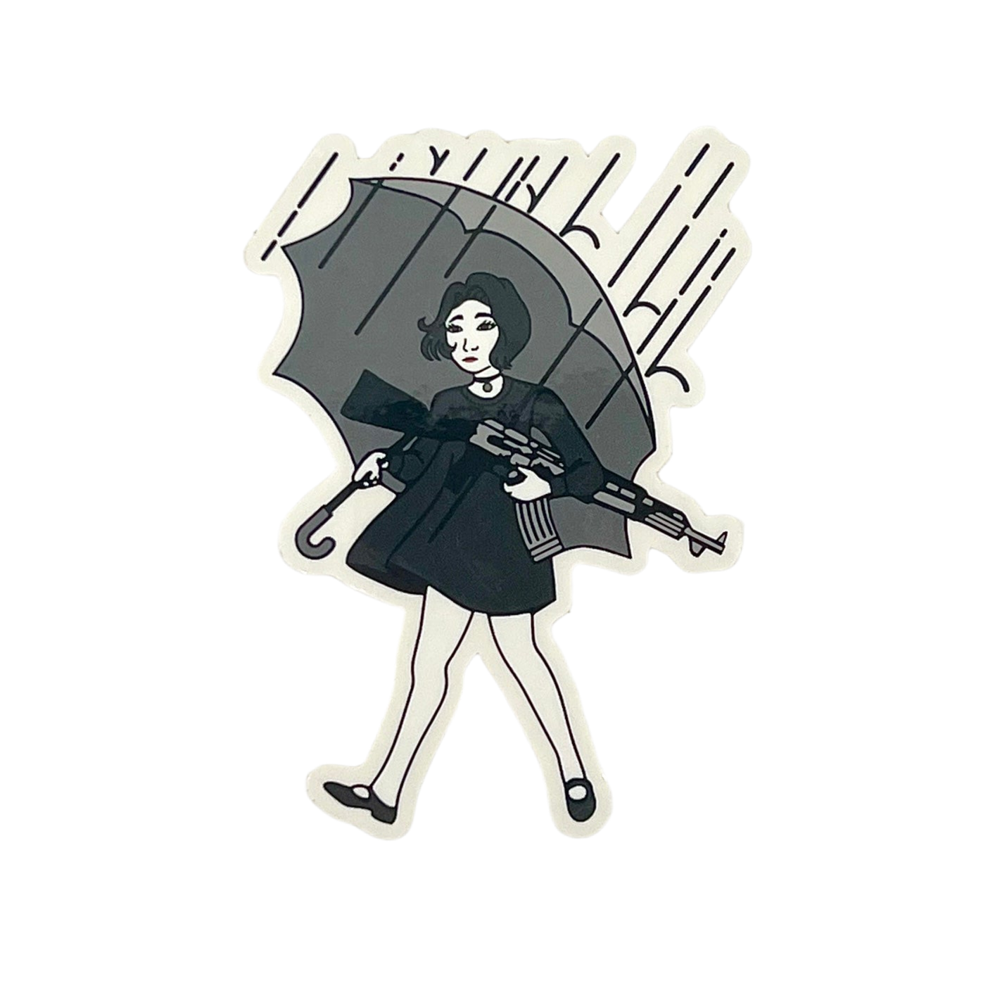 Illustration of a woman holding an umbrella with a white border.