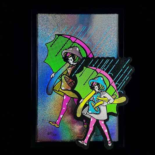 Artwork featuring two stylized characters, one holding a green umbrella and the other with a blue umbrella, against a colorful, abstract background with rain patterns.