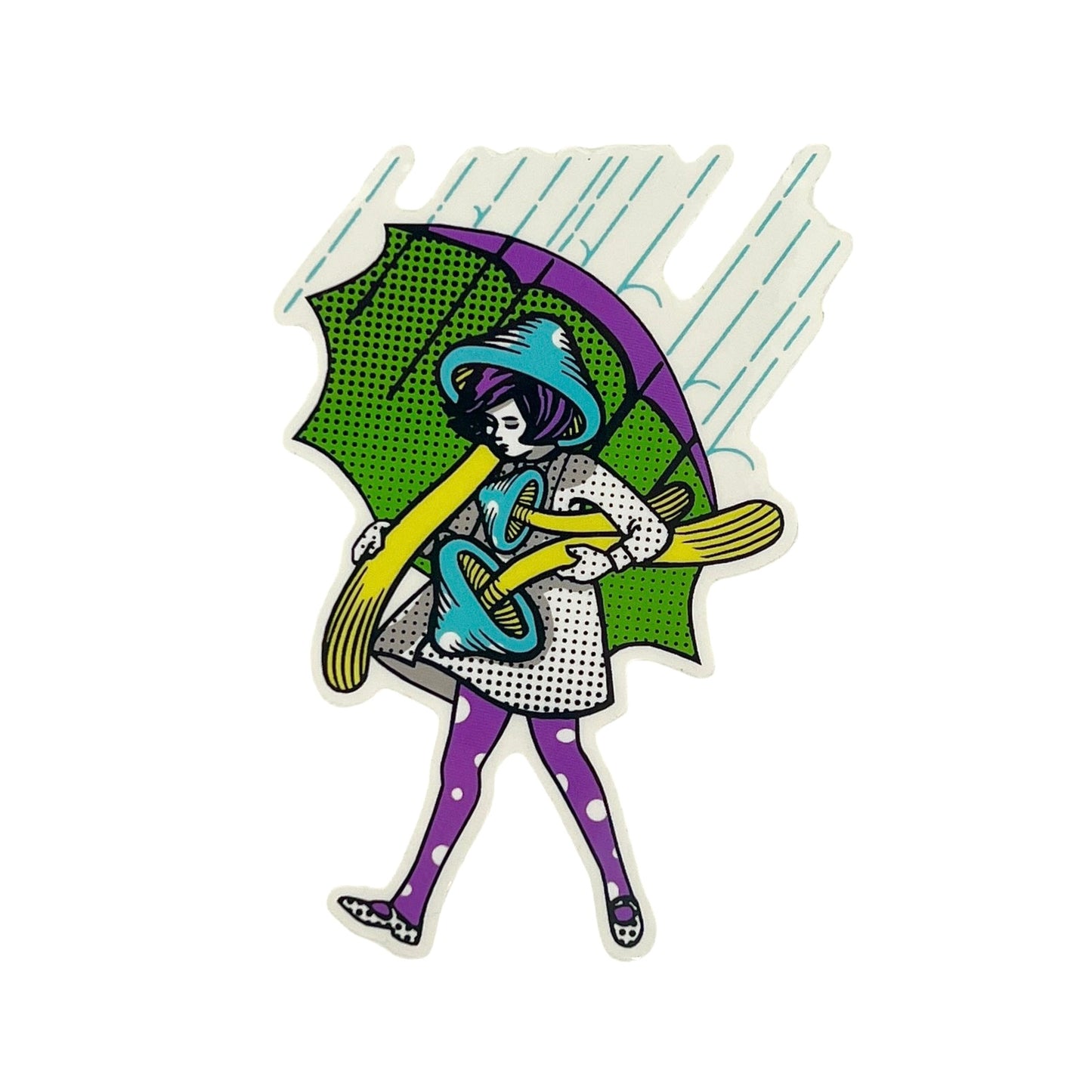 Cartoon character with a colorful umbrella on a white background.