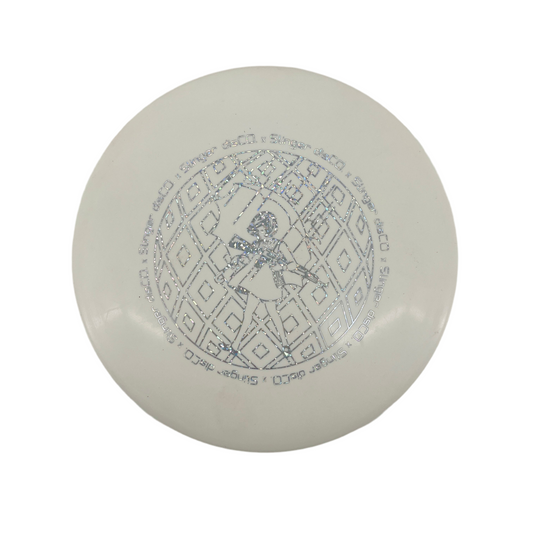 White disc with geometric pattern on a white background.