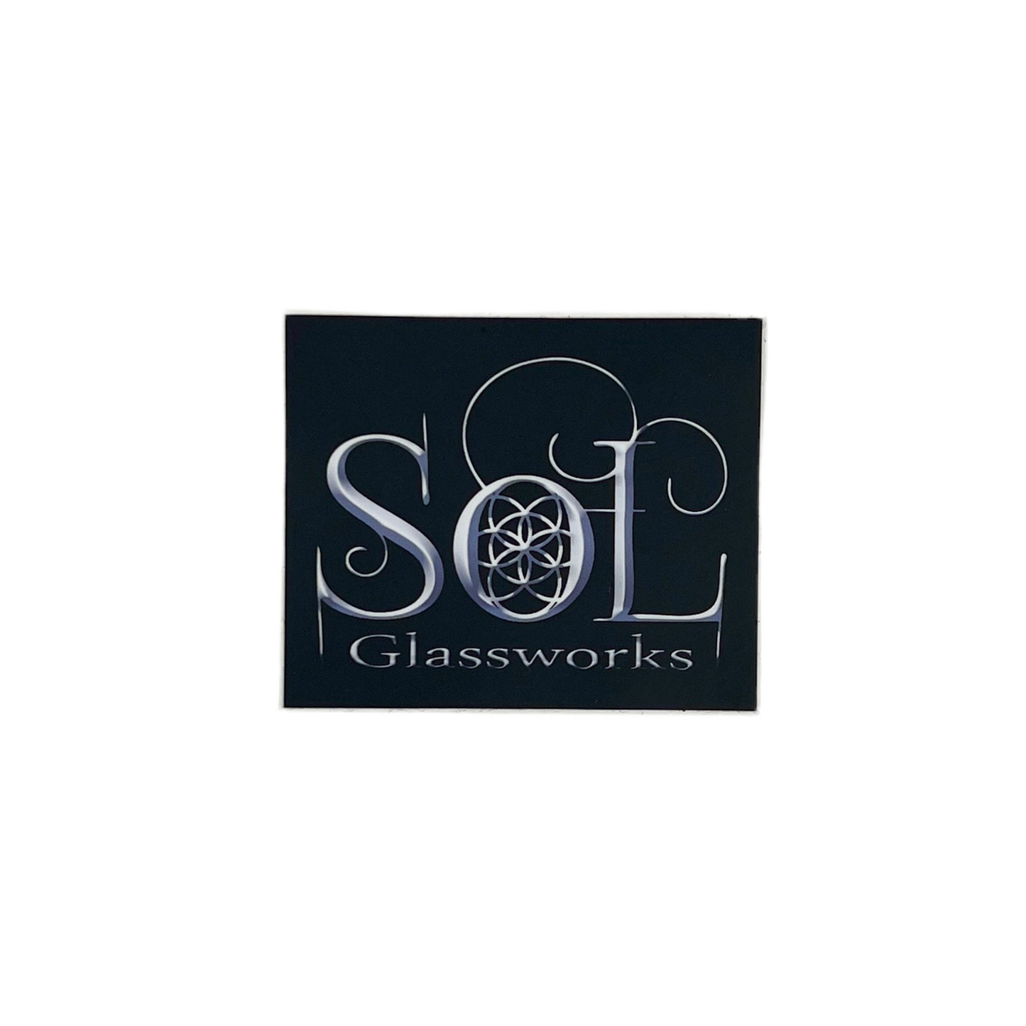 Sticker featuring logo of SOL Glassworks with stylized text on a black background.