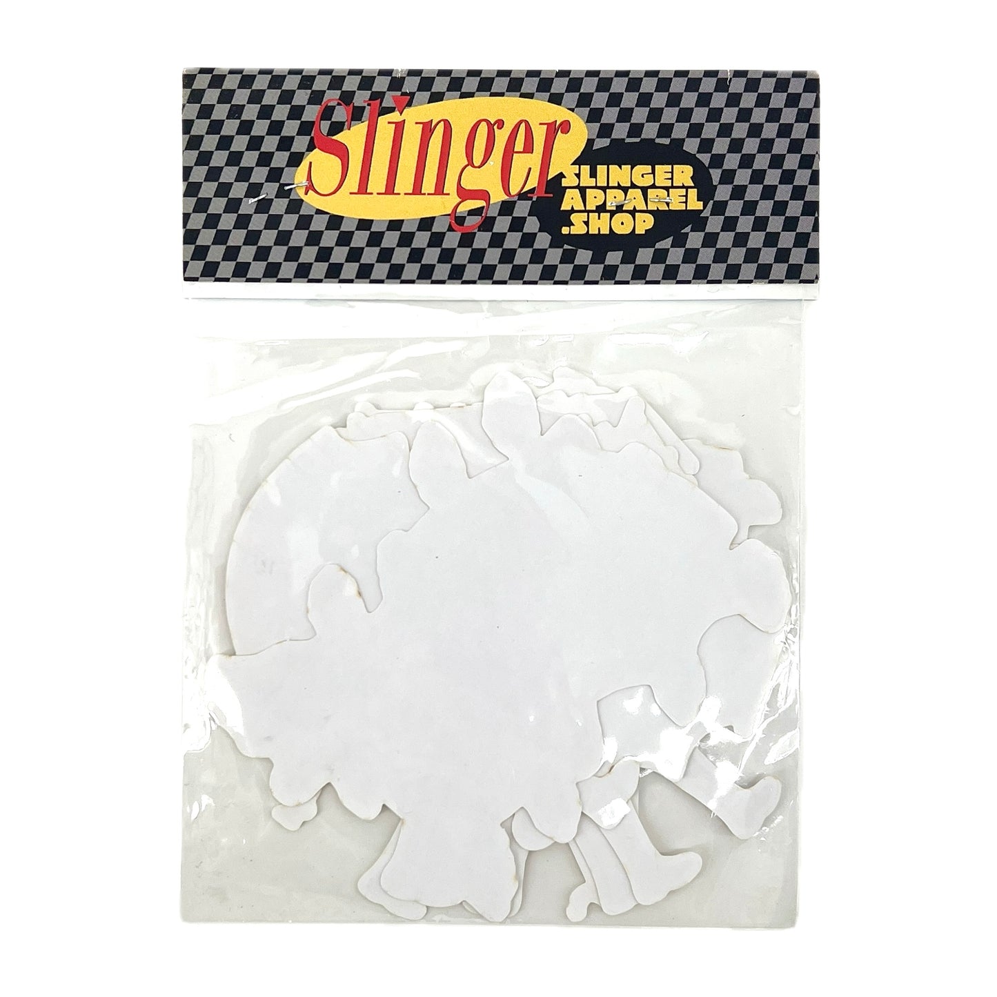 Packaged white stickers with 'Slinger' branding on a checkered background.