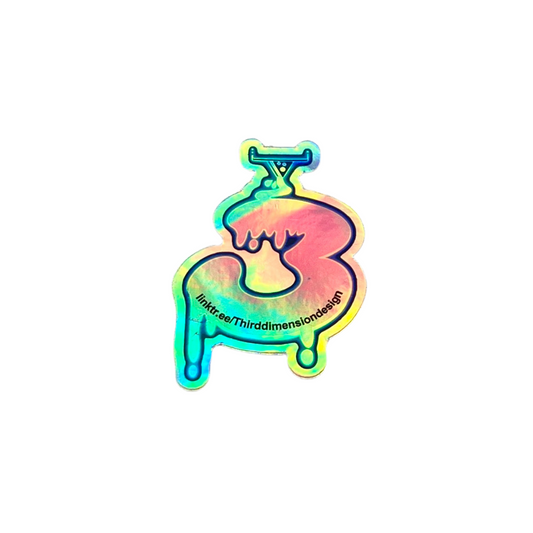 Holographic sticker with a colorful design on a white background.